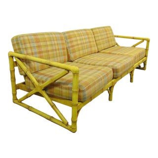 Mid Century Modern Yellow Faux Bamboo Sofa For Sale