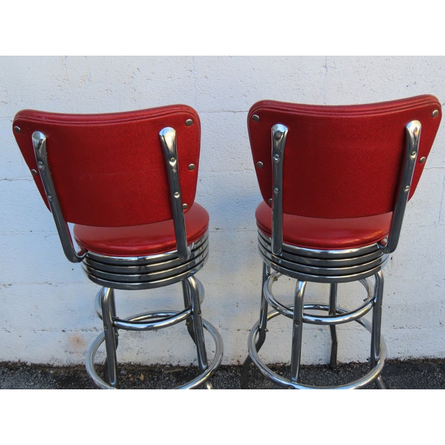 Retro Mid Century Modern Swivel Red Vinyl and Chrome Barstools 6350 For Sale - Image 11 of 18
