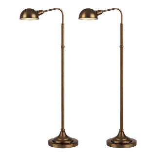 Late 20th Century Adjustable Brass Finished Crane Arm Floor Lamps — Directional Swivel Heads, Height-Adjustable Columns (54”) - A Pair For Sale