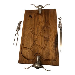 Vintage Bruce Fox Longhorn Steer Handle Carving Board With Carving Knife & Fork Set For Sale