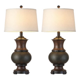 Late 20th Century Sculptural Hammered Urn Table Lamps – Old World Bronze Finish, Linen Shades, 32” - a Pair For Sale