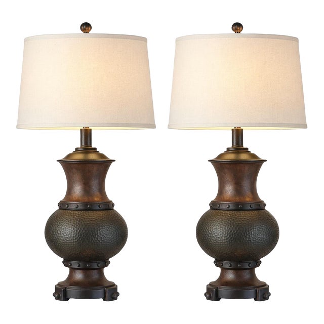 Late 20th Century Sculptural Hammered Urn Table Lamps – Old World Bronze Finish, Linen Shades, 32” - a Pair For Sale