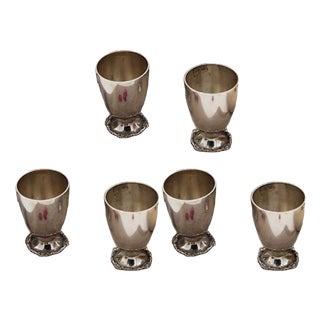 Smooth Silver Cups with Reliefs on the Base, Set of 6 For Sale