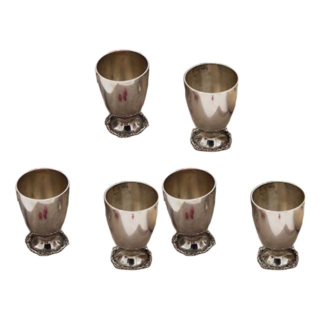 Smooth Silver Cups with Reliefs on the Base, Set of 6 For Sale