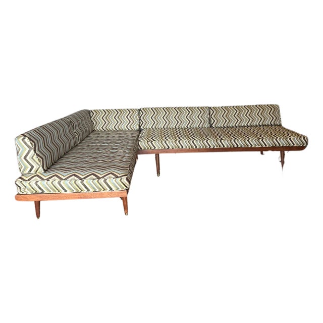 1960s Sectional Sofa | Double Sofa Beds | Walnut & Chevron Upholstery For Sale