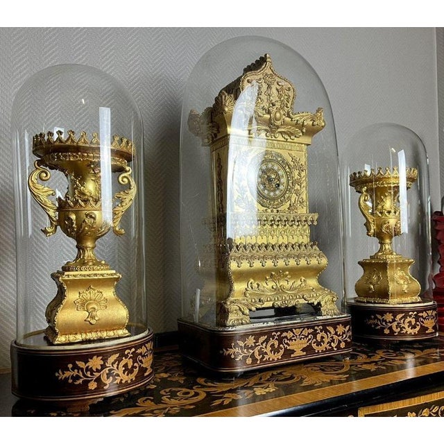 Three-Piece Clock in Gilded Wood, 1800s, Set of 3 For Sale - Image 3 of 5