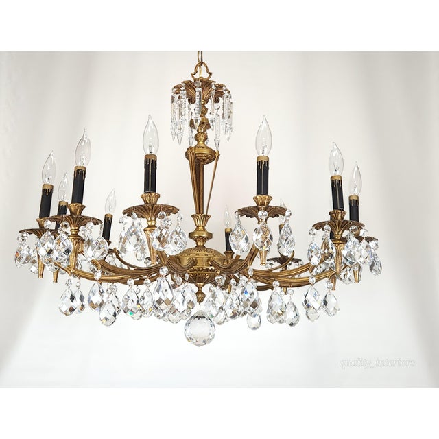1950s Antique 12 Light Captivating Curvaceous Brass Cut Lead Crystal Chandelier ~ Rewired ~ Restored ~ Rejuvenated ~ Ready to Hang ~ For Sale - Image 5 of 12