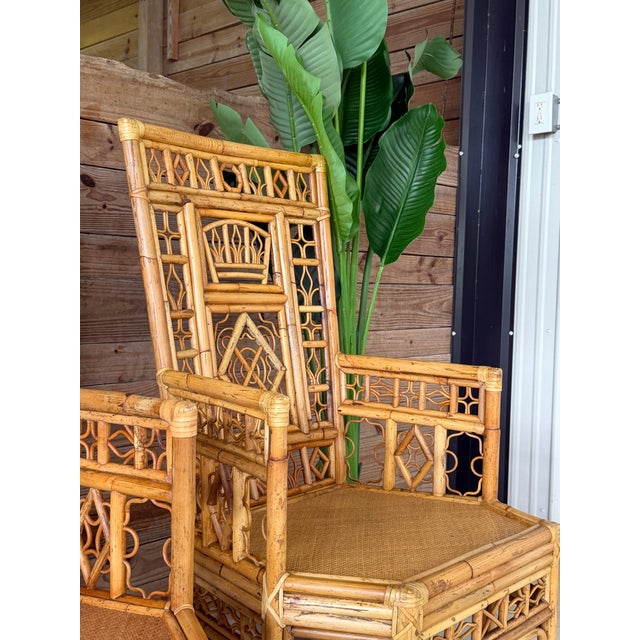 Pair Vintage Brighton Pavilion Style High-Back Fretwork Bamboo Rattan Armchairs For Sale - Image 11 of 12