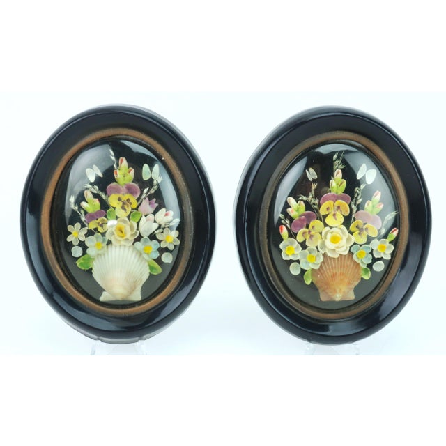 1930s Vintage Shell Art Floral Bouquet in Victorian Style Oval Frames, a Pair For Sale - Image 5 of 12