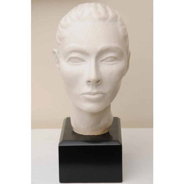 Antique White Vintage Plaster of Paris Female Head Bust Sculpture on Black Wood Base, Restored, Italy, 1960's For Sale - Image 8 of 10