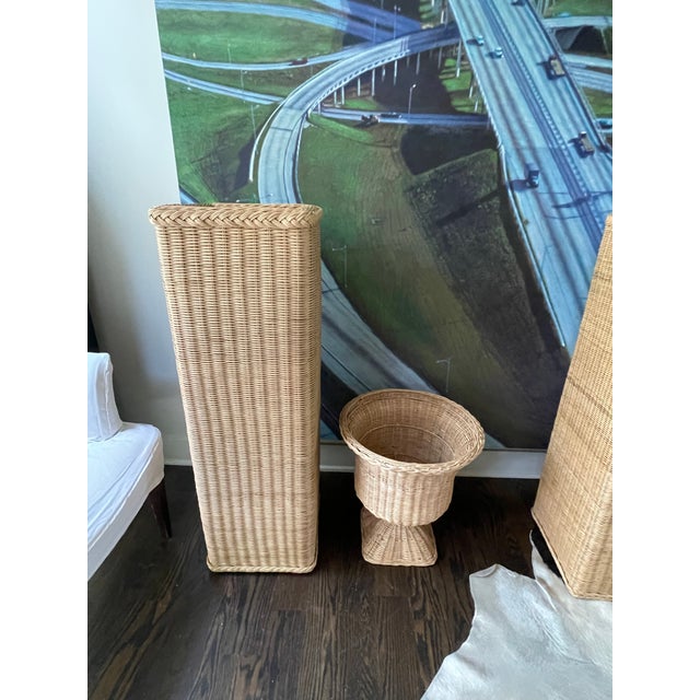 Pair of Rattan Urns on Pedestals For Sale - Image 4 of 8