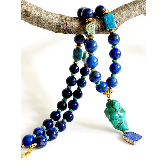 One-of-a-Kind Lapis Lazuli & Turquoise Statement Necklace | Vintage Turquoise Pendant | Artisan Bohemian Luxury Jewelry For Sale In New York - Image 6 of 17