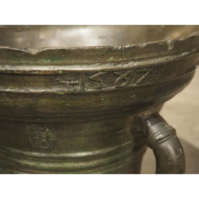 Heavy 16th Century French Bronze Mortar With Handles, Dated 1587, 109 Lbs For Sale - Image 9 of 12
