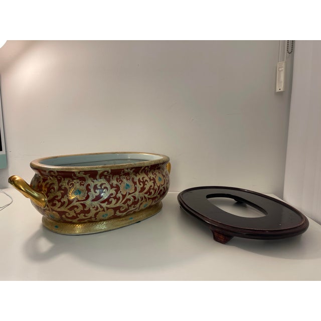 Vintage Chinoiserie Gilt & Iron-Red Oval Porcelain Fishbowl Planter on Original Wood Stand For Sale In Los Angeles - Image 6 of 9
