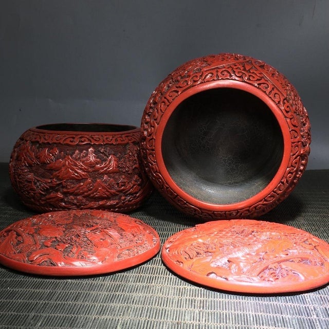 Pair of Vintage Cinnabar Carved Lacquer Landscape Jars For Sale - Image 4 of 6