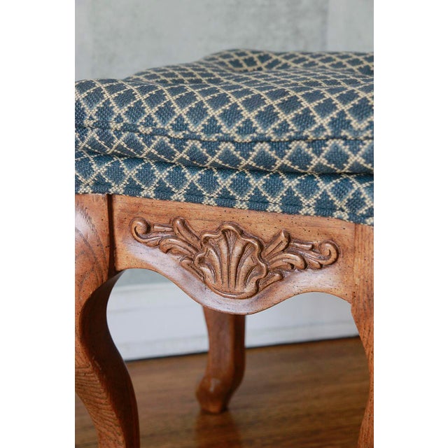 Blue Set of 3 Antique Hand Carved Solid Walnut Stools With Perfect Upholstery For Sale - Image 8 of 13