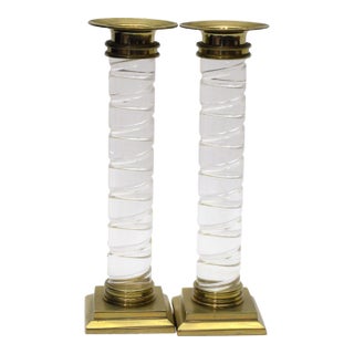 1980s Post Modern Dolbi Cashier Karl Springer Style Twisted Lucite Brass Candle Holders - Set of 2 For Sale