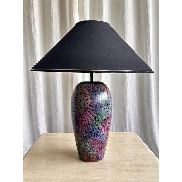 Beautiful Italian handmade ceramic table lamp with colourful palm leaves pattern. Large vintage cutie with a black empire...