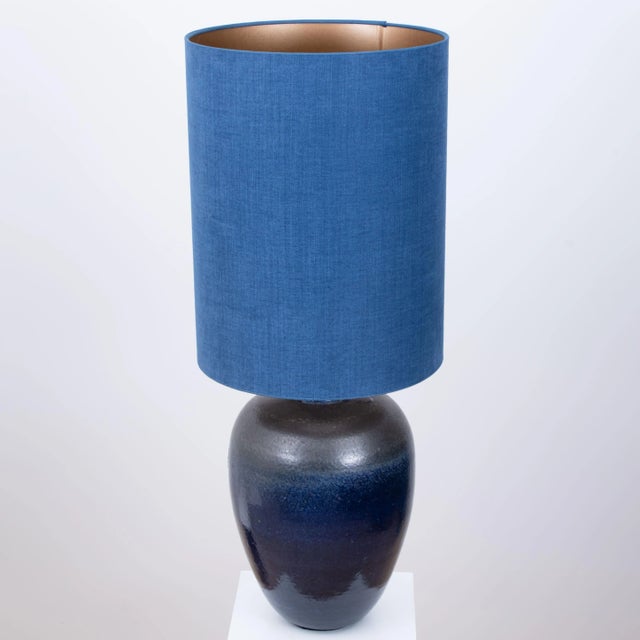 Blue Large Ceramic Table Lamp with Silk Lampshade, 1960s For Sale - Image 8 of 18