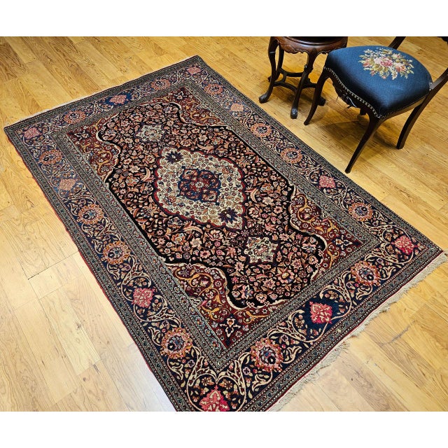 1900 - 1909 Vintage Persian Kashan Rug, Hand-Knotted Wool, Floral Pattern, Navy & Ivory, 5x7 For Sale - Image 5 of 18