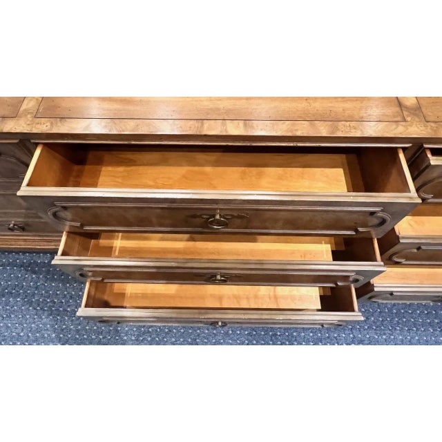 Wood 1970s Mastercraft Burlwood 9-Drawer Dresser W/ Brass Ring Pulls For Sale - Image 7 of 12