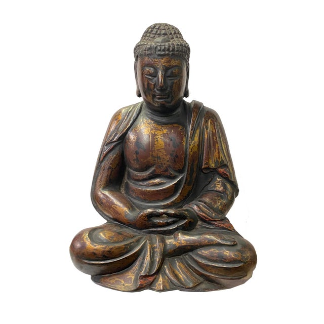 Wood Chinese Golden Brown Lacquer Wooden Meditation Buddha Statue For Sale - Image 7 of 7
