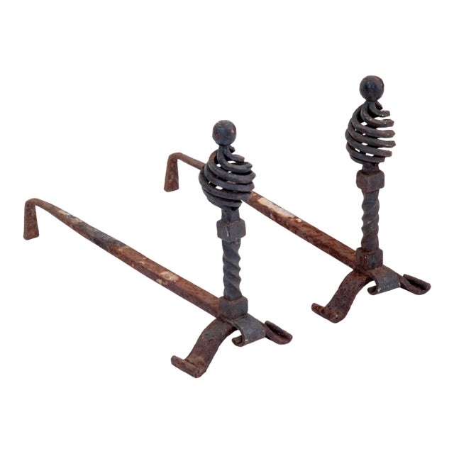 Small Antique Wrought Iron European Andirons For Sale