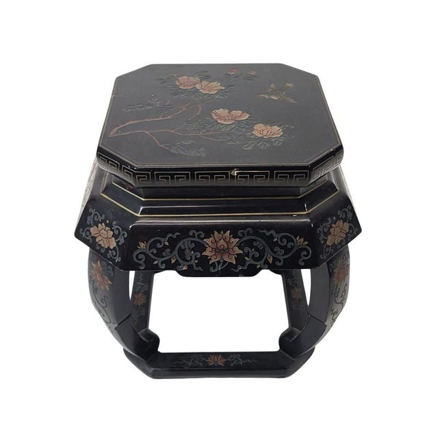 Pair of Black Lacquer Chinoiserie Detailed Stools For Sale - Image 4 of 4