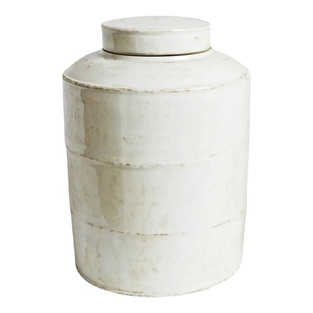 Vintage White Ceramic Farmhouse Jar With Lid Small For Sale