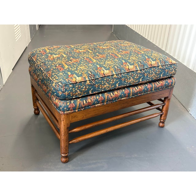 Vintage Upholstered Waverly Fabric "Persia" Ottoman With Turned Wooden Legs For Sale - Image 11 of 12
