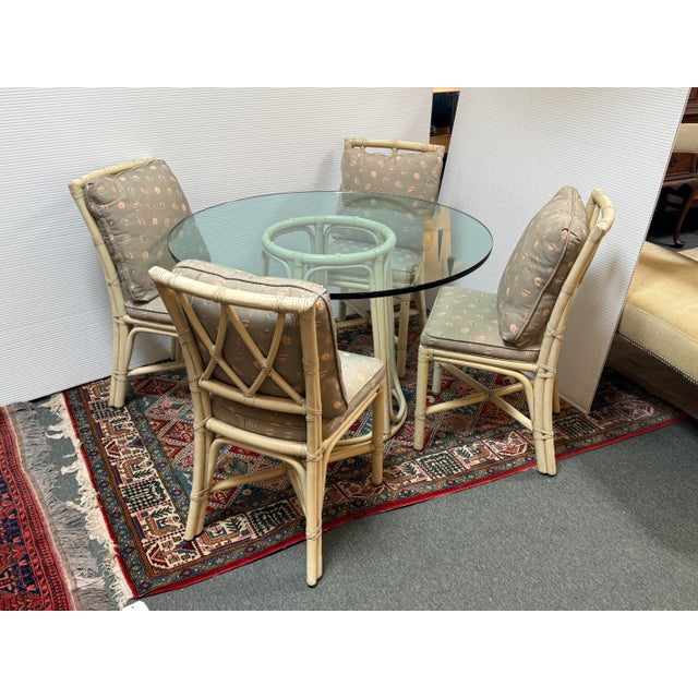 Design Plus Gallery presents a Dining Bistro Set of Four Chippendale-Style Lattice Back Dining Side Chairs and Glass...