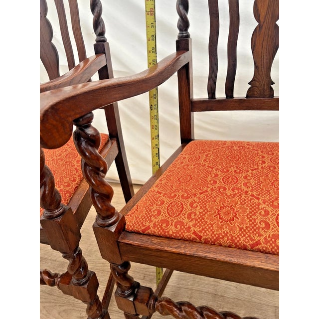 Pair of Antique Jacobean Revival Barley Twist Oak Armchairs Rust & Gold Damask For Sale - Image 9 of 13