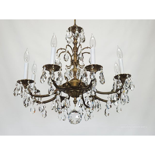 1950s Antique 8 Arm Sweet Sensational Brass Cut Lead Glass Crystal Chandelier For Sale - Image 5 of 15