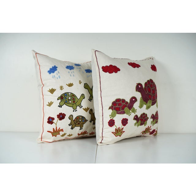Mid-Century Modern Handmade Suzani Turtle Pillow Cover, Uzbek Embroidered Cushion (18'' X 19'') For Sale - Image 3 of 5
