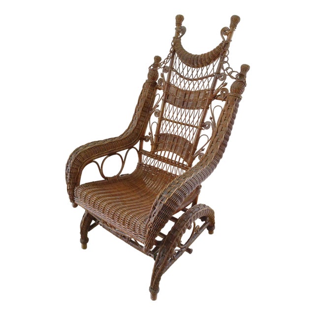 Antique American Victorian Wicker Woven Rocking Chair For Sale