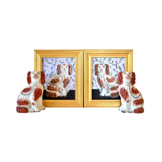 An antique, c. 1850s pair of Victorian English Staffordshire spaniel dogs, russet red and white, size 3, 5.5"x3.5"x8.5"....