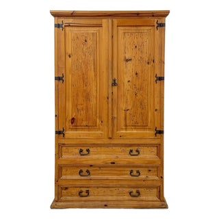 Vintage Armoire Knotty Pine Mexican Iron Hardware Coat Rack Three Drawer For Sale