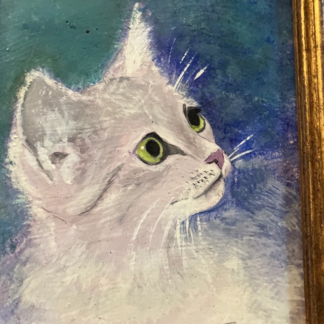 Realism 1970’s Original Tanya Jacobi White Kitten Painting Original Frame Signed For Sale - Image 3 of 6