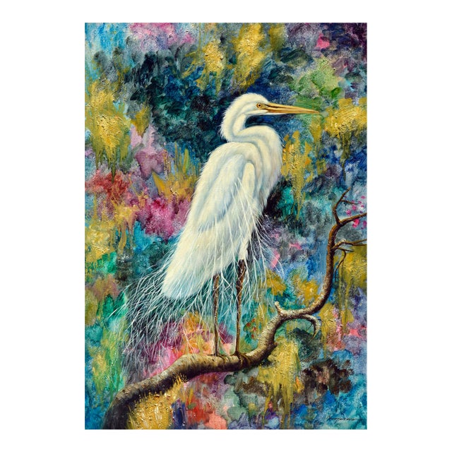 The Fauvist White Egret Painting, Oil on Canvas, Signed, 20th Century by Augostino For Sale