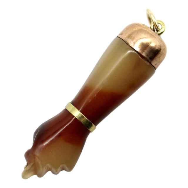 1920s Reddish Brown Celluloid Figa With 9k Gold Cap and 14k Gold Bail For Sale