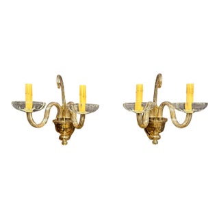 Early 20th Century Murano-Style Glass and Brass Two-Light Wall Sconces - a Pair For Sale