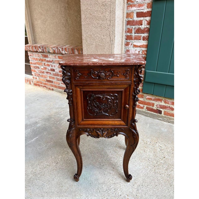 Late 19th Century Antique French Nightstand Cabinet Marble Top Louis XV Carved Walnut C1890 For Sale - Image 5 of 18