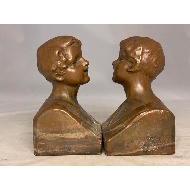 American Early 20th Century Weidlich Brothers Bronzed "Youth" Bust Bookends For Sale - Image 3 of 9