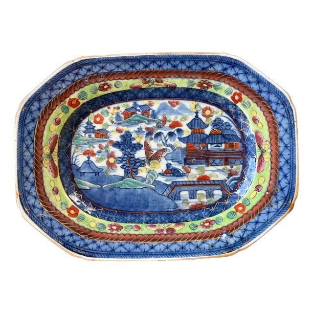 19th C Japanese Imari Porcelain Plater Featuring Pagodas, Moths, and Junk Ships With Historic Staple Repairs | Late Edo–Early Meiji, Circa 1860–1885 For Sale
