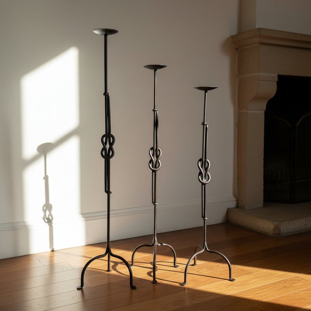 Hand Forged Iron Candelabra Set of 3 (88-108cm) Antique Copper Double Stem with Hercules Knot and Arched Base For Sale - Image 6 of 12