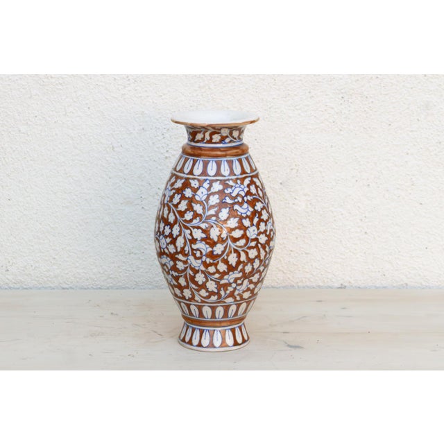 Elegant Rust & Blue Floral Vase For Sale - Image 4 of 9