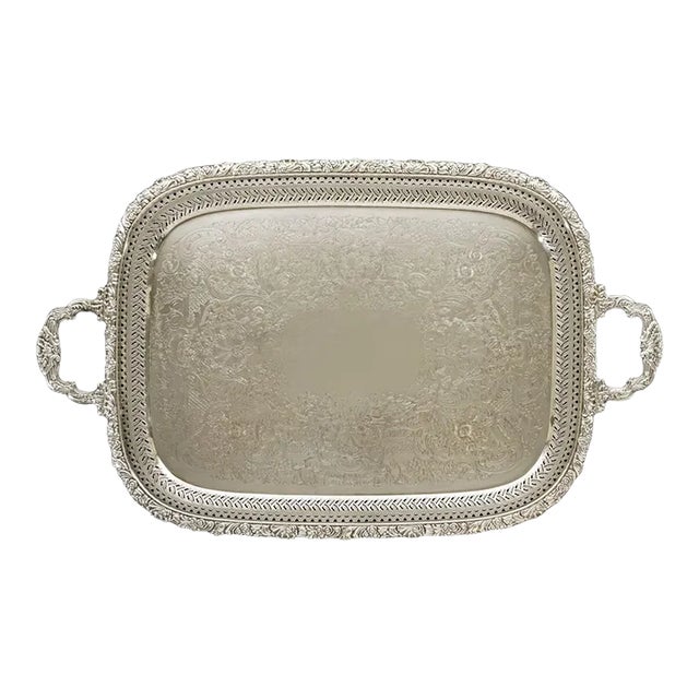 19th Century Large Rectangular Tray English Silverplate Handles Barker Brothers Butler Tray For Sale