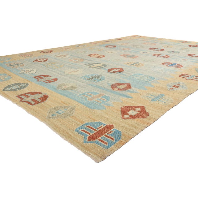 52209 Large Turkish Kilim High-Low Rug 10'00 x 14'10. The Anatolian Mosaic: A Modern Turkish Kilim Masterpiece of Tribal...