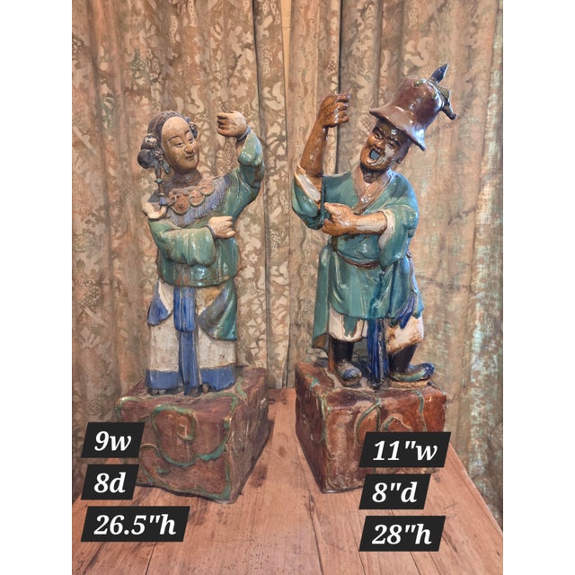 Great looking early 20th Century Shiwan pottery figures. These have thick glazed surfaces in some areas and other areas...