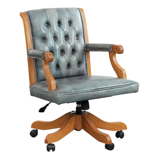 English Style Chesterfield Swivel Desk Chair in Light Blue Cowhide and Wood For Sale